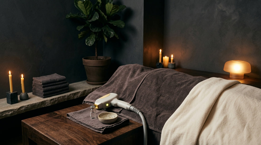 Candela GentleMax Pro laser handpiece resting on a warm wooden surface with crisp white linen in a contemporary spa room.