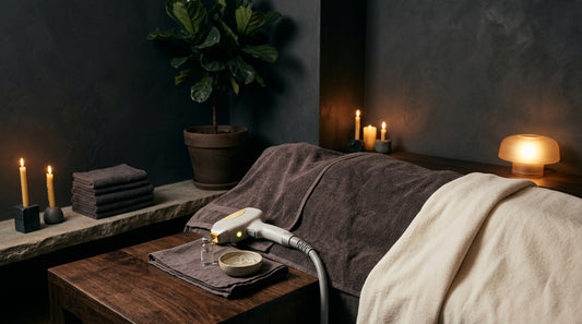 Candela GentleMax Pro laser handpiece resting on a warm wooden surface with crisp white linen in a contemporary spa room.