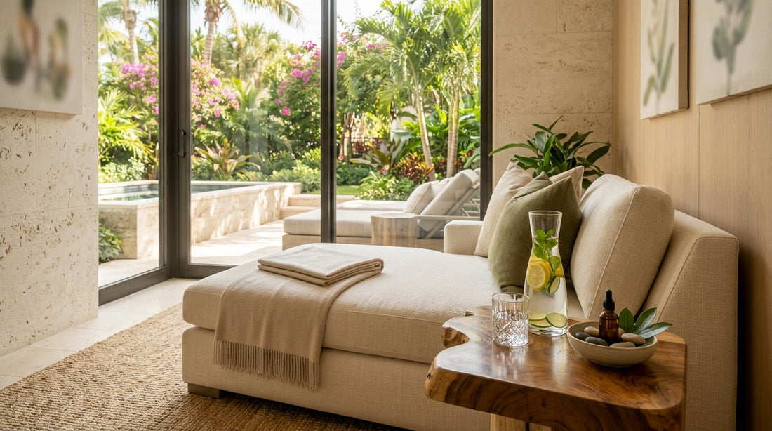 Glass dropper bottle of serum next to smooth white stones and botanical sprigs in soft natural morning light on a warm neutra