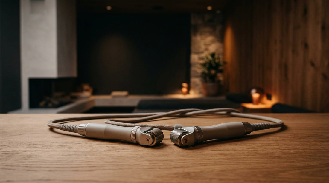 Dual motorized Icoone Robotwin handpieces resting on a warm natural wooden surface in a luxury Boca Raton spa.