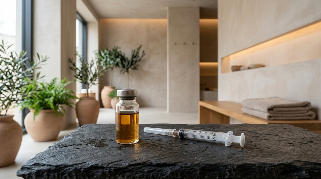 Glass wellness vial and syringe for a nad+ injection boca raton treatment on a warm stone counter.