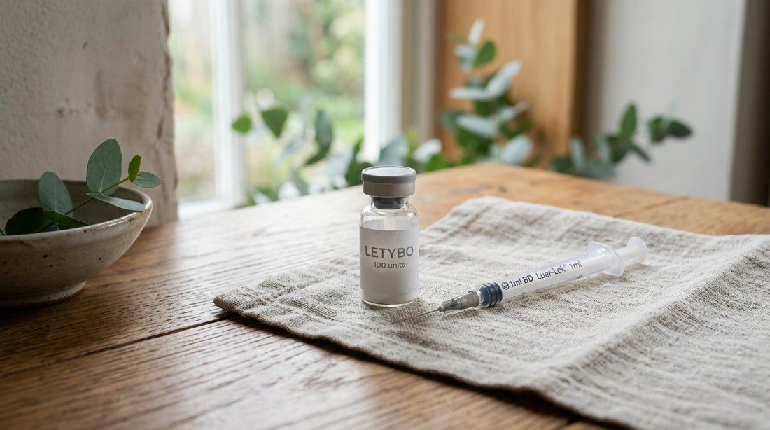 Glass vial of Letybo neuromodulator with an ultra-fine syringe resting on a clean linen surface in a luxury Boca Raton spa ro