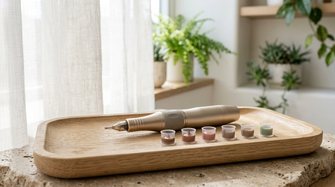 Microblading handpiece and pigment vials arranged neatly on a warm oak surface for a lip blush session