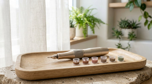 Microblading handpiece and pigment vials arranged neatly on a warm oak surface for a lip blush session
