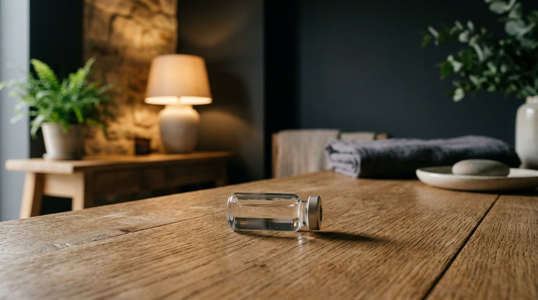 A glass vial of Letybo neuromodulator resting on warm natural wood with soft directional lighting.