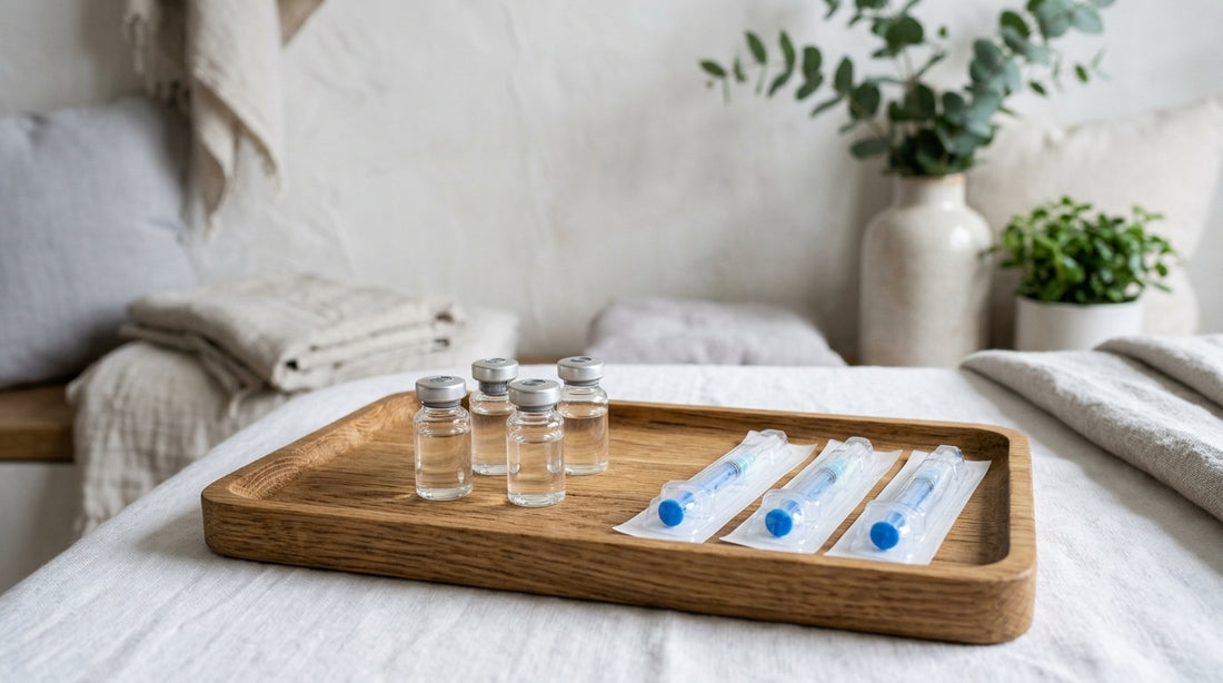 Glass vials of cosmetic injectables and sterile syringes arranged neatly on a warm wooden tray in a sunlit spa room.