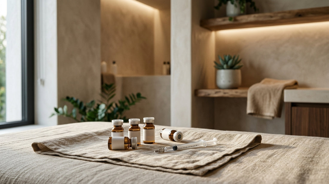 Glass vials of botox and medical aesthetic injectables resting on warm linen next to a sleek syringe in a modern spa.