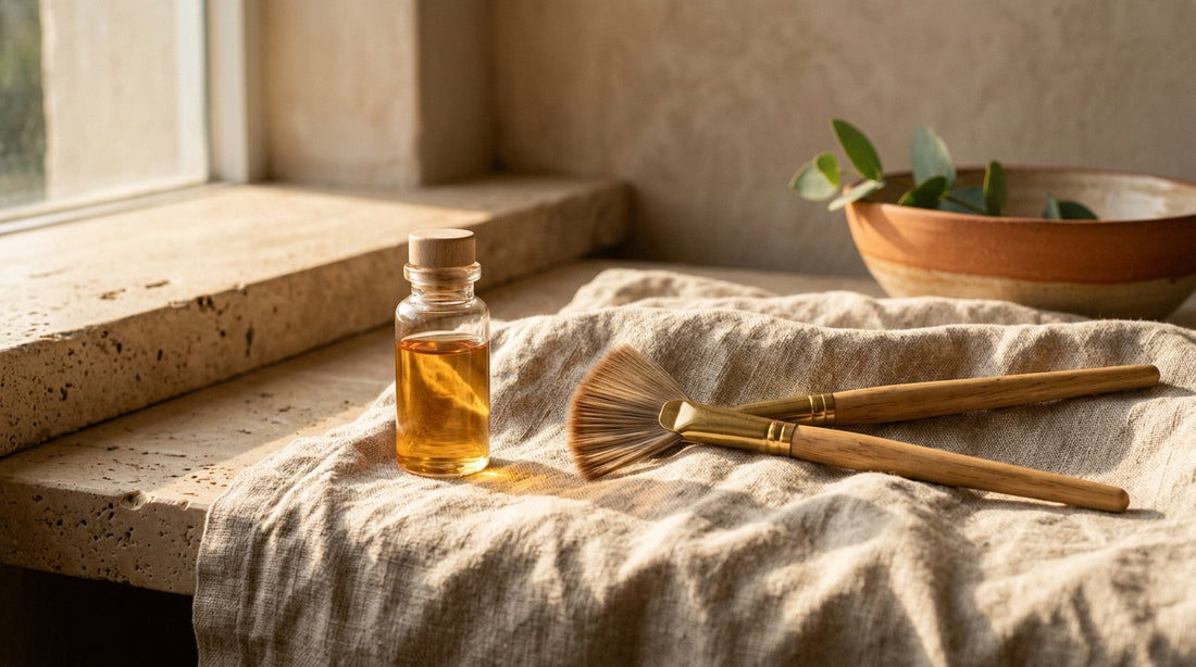 Glass dropper bottle and professional peel applicator resting on warm linen in a Boca Raton spa