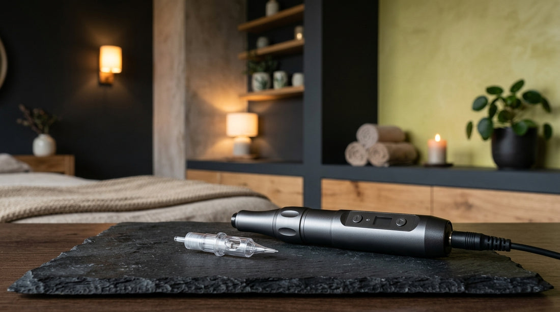 A digital PMU machine and ultra-fine needle cartridge arranged on a warm wood surface in a luxury Boca Raton spa.