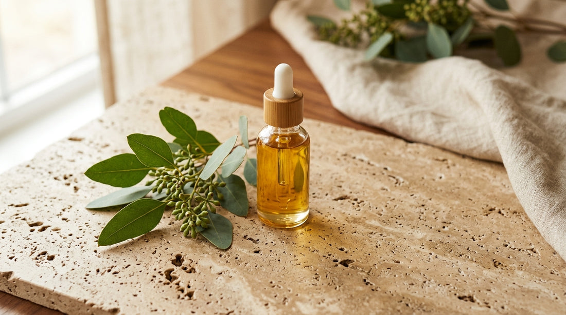 A glass bottle of medical-grade glutathione serum resting on a smooth piece of natural stone next to a sprig of fresh green f