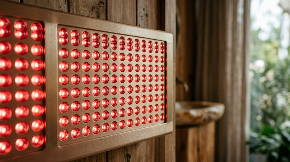 Close-up macro of red light emitting panel showing precise LED diode grid structure for cellular skin rejuvenation.