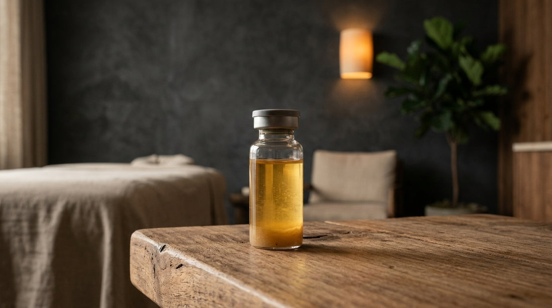 A glass medical vial filled with golden platelet-rich plasma resting on a warm wooden surface in a luxury spa