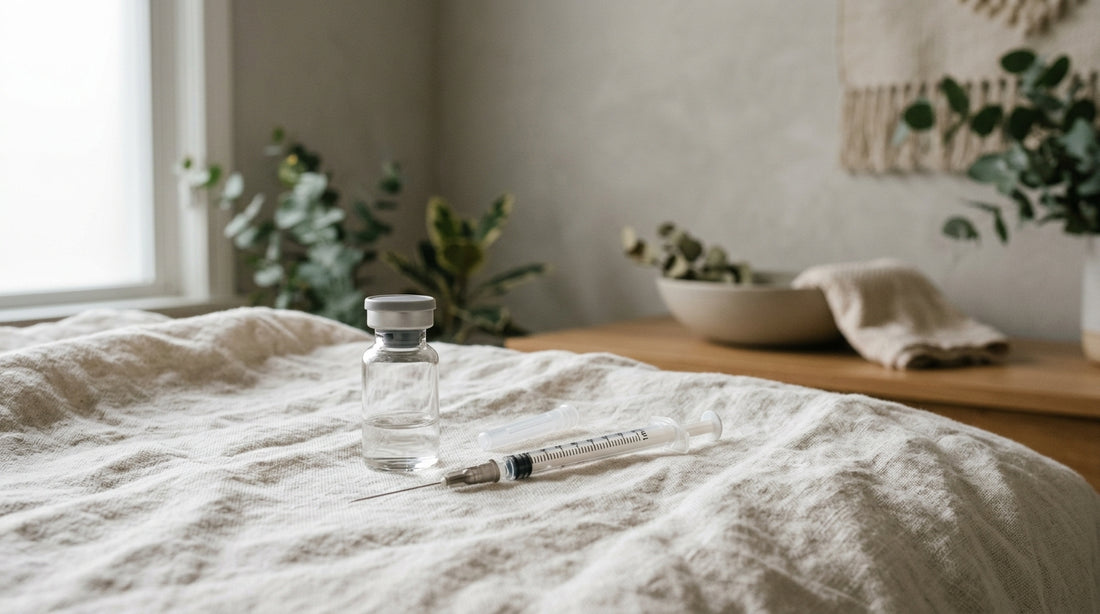 A glass vial of Botox Cosmetic and a sterile syringe resting on a clean white linen cloth in a sunlit spa room.