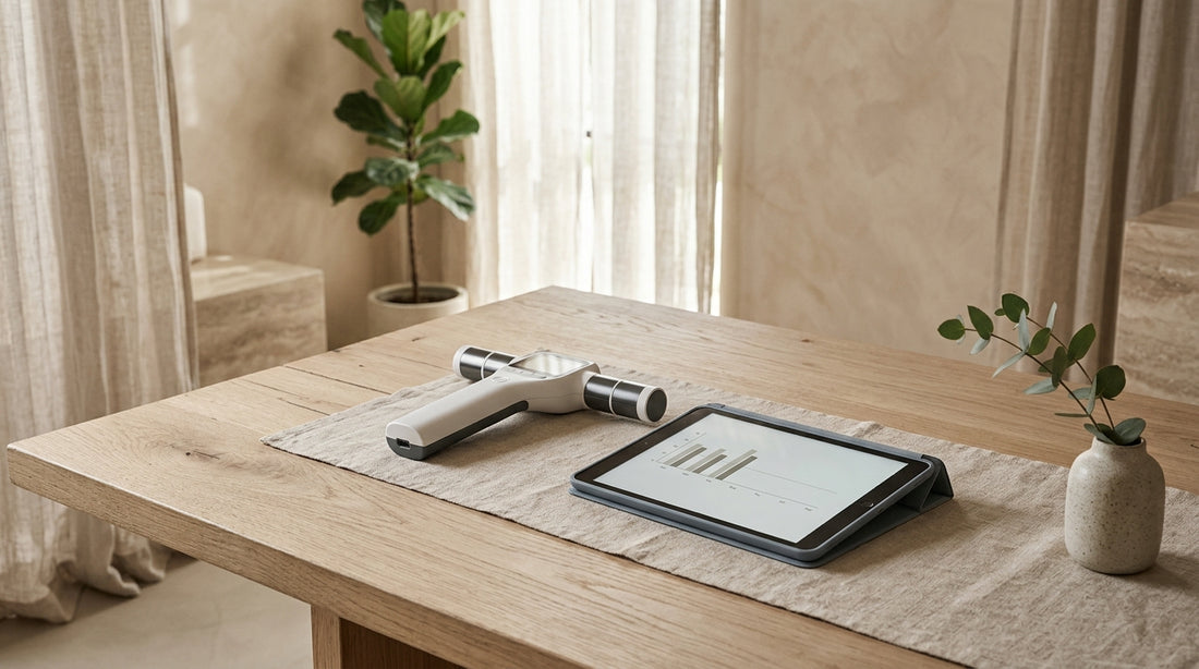 Advanced body composition scanner and clinical tracking tools neatly arranged on a light oak counter in a bright Boca Raton s