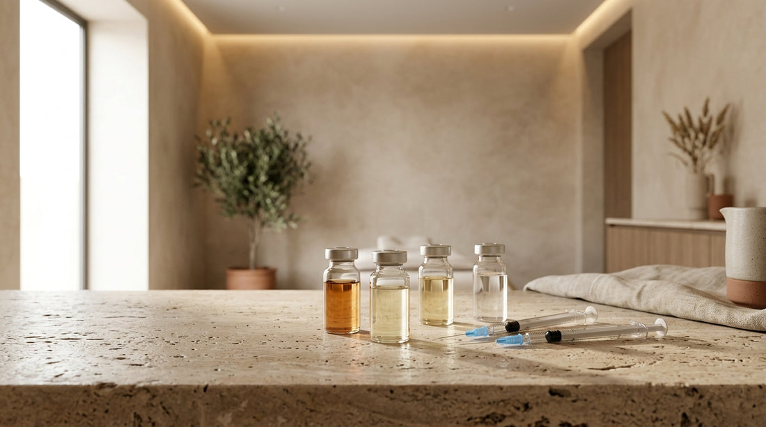 Vials and syringes for botox treatments arranged neatly on a warm wooden surface in a Boca Raton medical spa