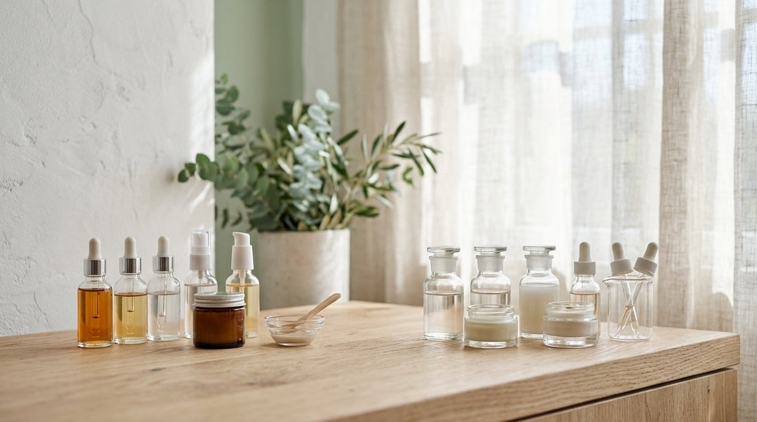The Perfect Derma Peel products and medical-grade skincare vials arranged neatly on a warm oak surface with linen and greener