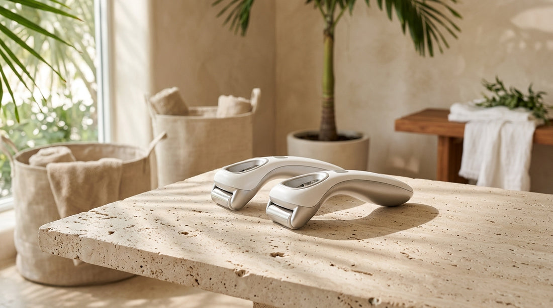 Dual robotic handpieces of an icoone device resting on a light travertine surface with linen fabric