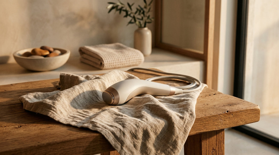 Close-up of a Lumaris radiofrequency handpiece resting on warm neutral linen in a contemporary Boca Raton spa.