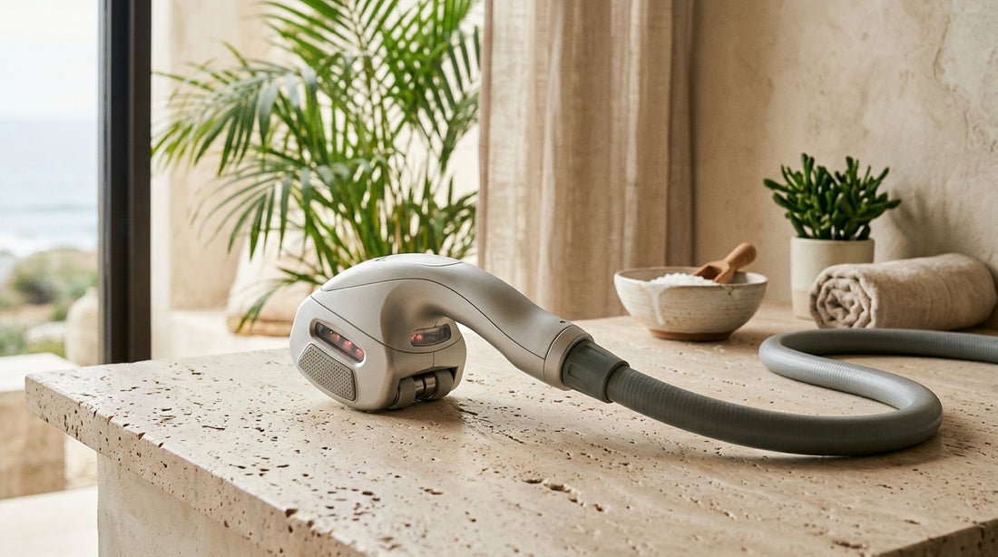 Close-up of the VelaShape III applicator device resting on a clean travertine stone surface with fresh tropical greenery.