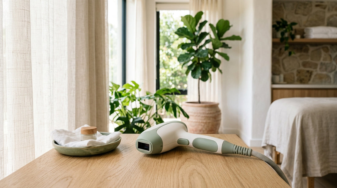 Close-up of a sleek modern laser hair removal handpiece resting on a warm wood surface with linen and green foliage in a luxu