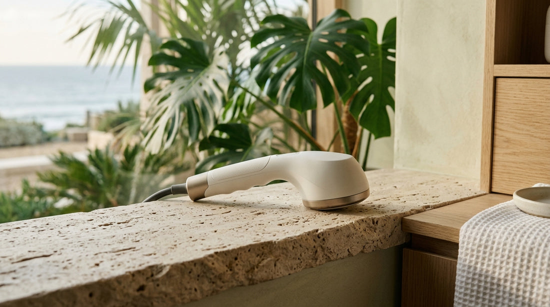 Sleek electromagnetic muscle stimulation handpiece resting on a pale travertine surface with soft tropical light.