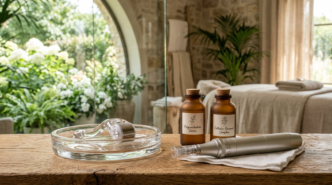 Clean aesthetic flat lay showing sterile microneedling tools and regenerative skincare serum bottles in soft natural light.