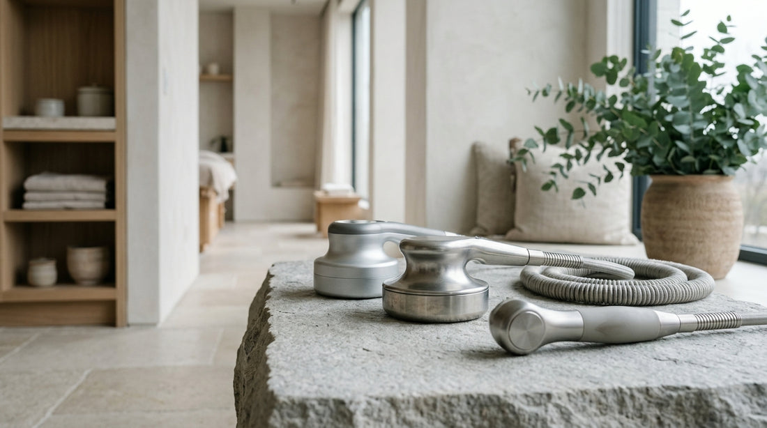 Sleek metal radiofrequency and cavitation handpieces resting neatly on a textured stone surface in a sunlit spa room.