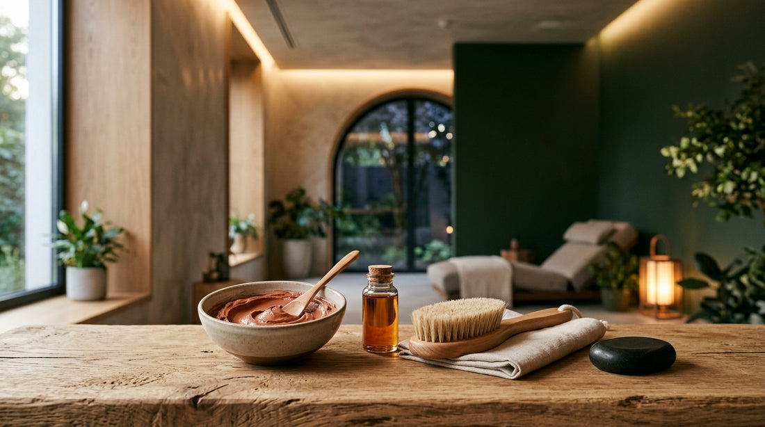 Sleek radiofrequency body contouring handpieces arranged neatly on a warm wooden tray in a modern Boca Raton spa.