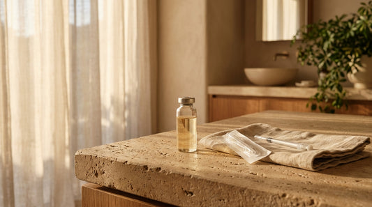 Clean medical aesthetics consultation desk with state licensing documents and neat clinical tools laid out under warm natural
