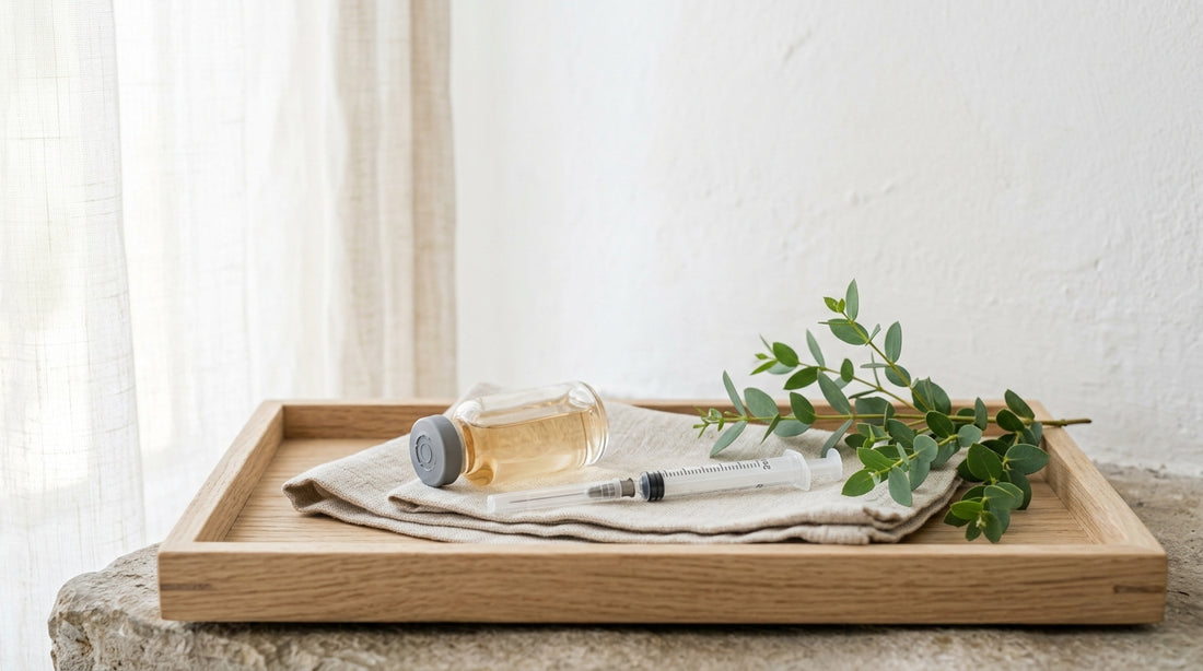 A glass vial of vitamin B12 and a sterile syringe arranged neatly on a warm oak tray with green botanical elements.