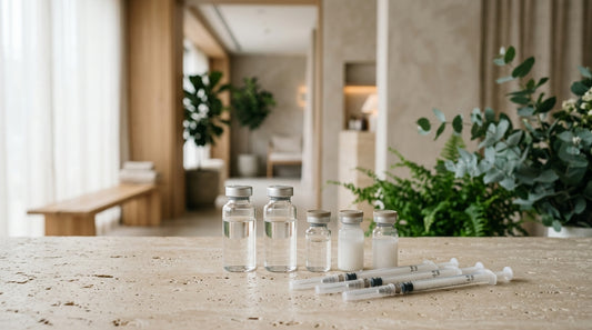 Vials of Sculptra and neuromodulators arranged neatly on a warm limestone surface with a serene med spa room blurred in the b