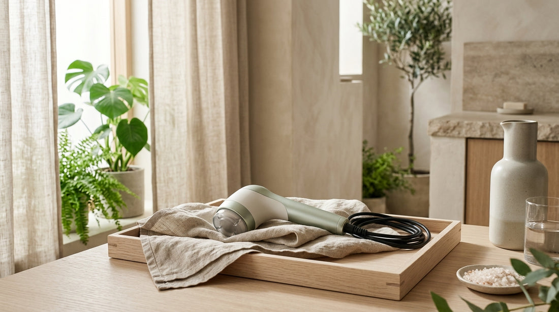 Radiofrequency and vacuum therapy handpiece neatly arranged on a warm oak surface with linen textures in a bright spa room