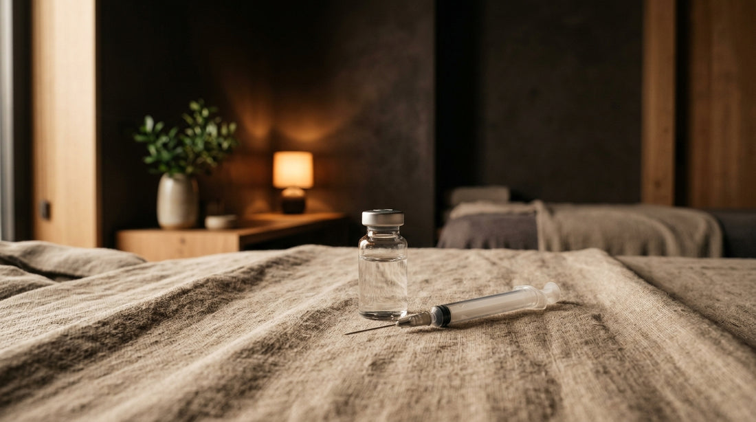 Medical vial of glutathione and a sterile syringe resting on warm natural linen in a luxury spa treatment room
