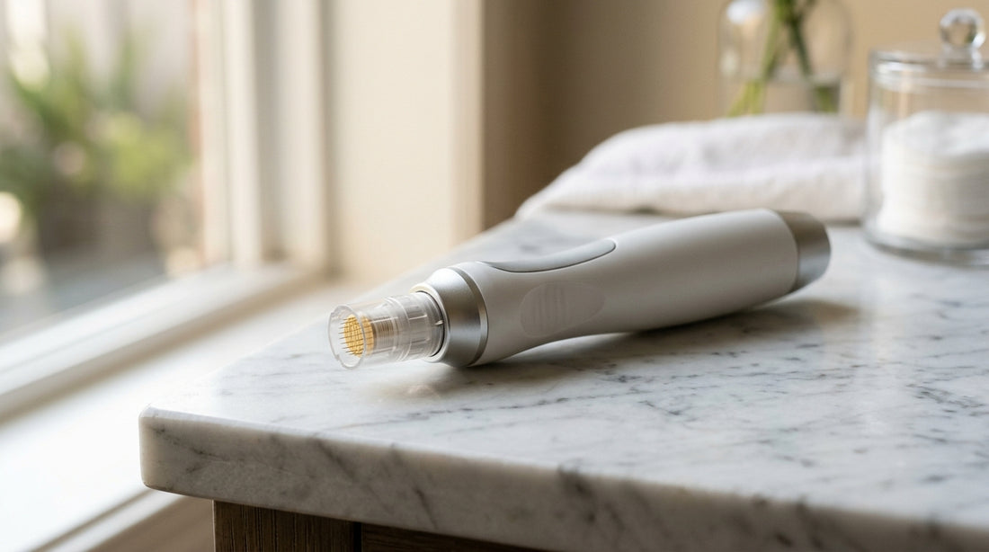 Close-up of a high-tech radiofrequency microneedling device handpiece resting on a clean white surface in a Boca Raton spa.