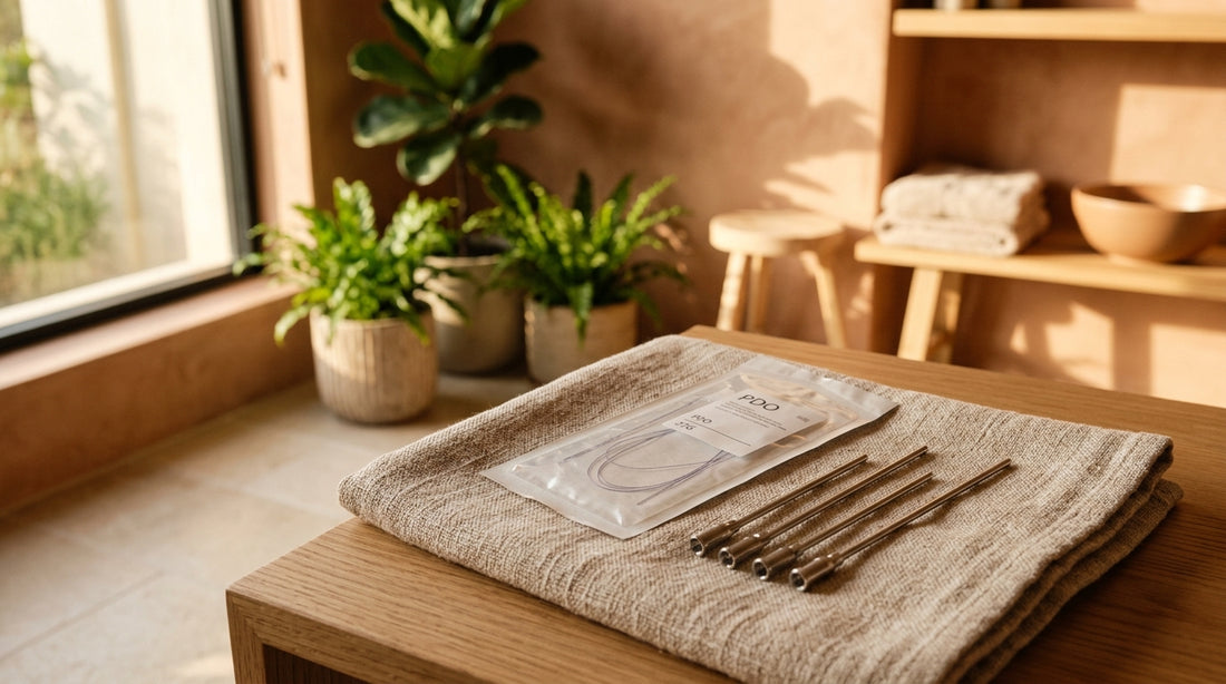 Sterile PDO threads and fine cannulas arranged neatly on a warm neutral linen cloth in a luxury Boca Raton med spa.