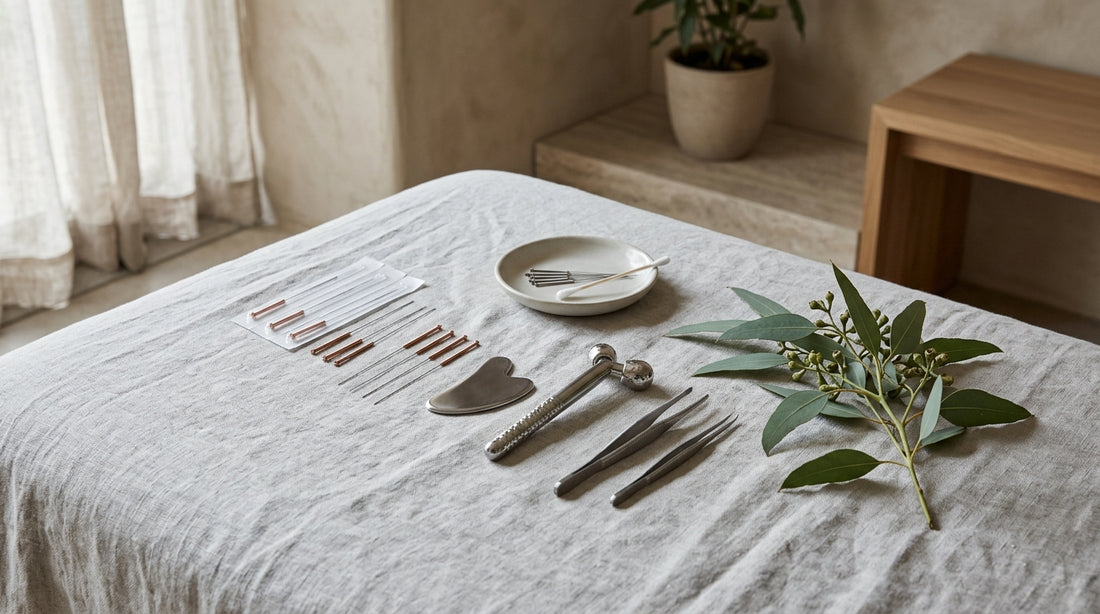 Fine acupuncture needles and aesthetic recovery tools arranged on a clean linen cloth in a sunlit Boca Raton med spa room.