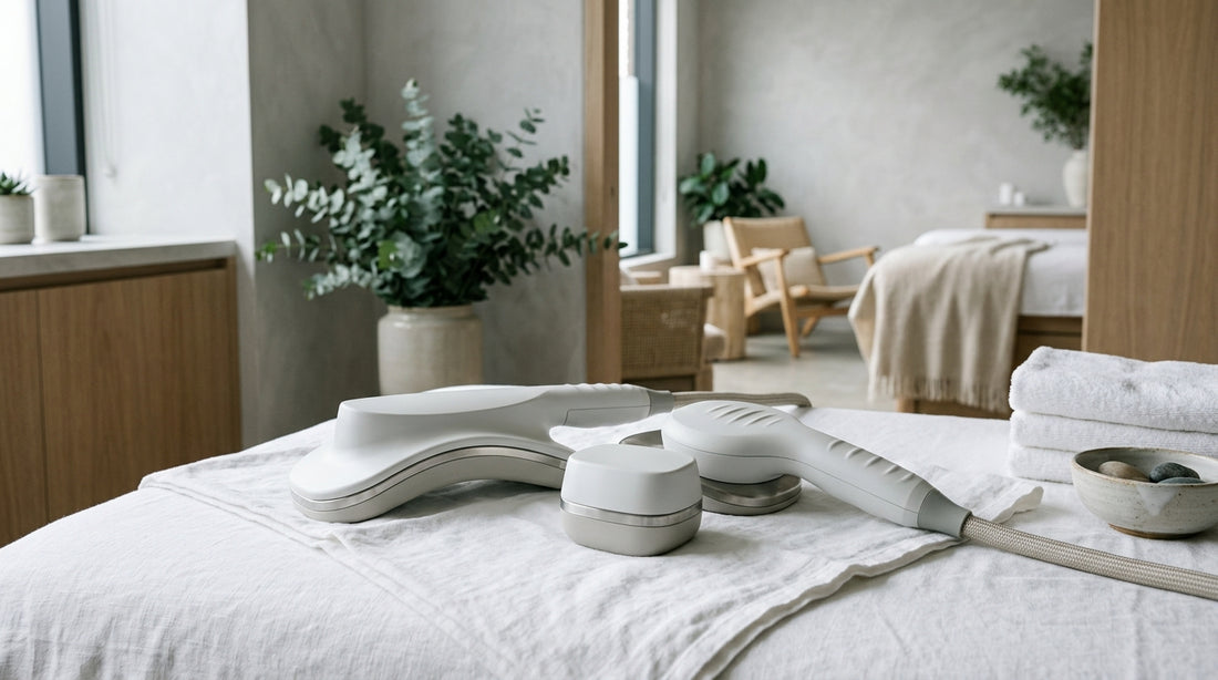 High-tech electromagnetic muscle stimulation handpieces resting on clean linen in a contemporary spa treatment room in Boca R